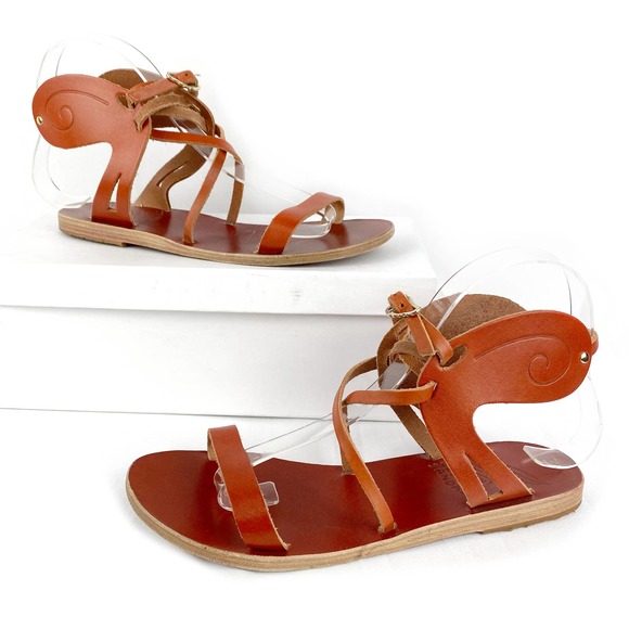 Ancient Greek Sandals Penelope Brown Leather Gladiator Flat Strappy 7 - Picture 1 of 8